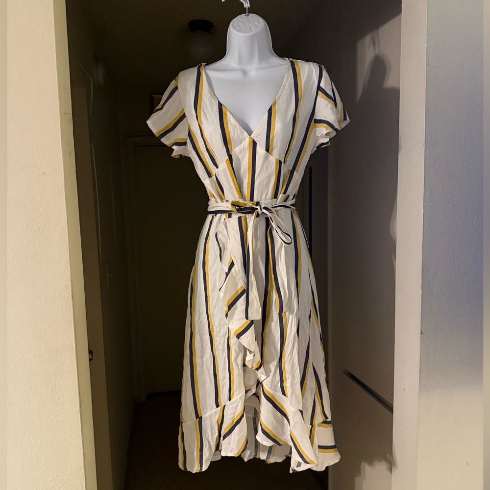 Striped V-Neck Wrap Dress with Ruffles - NWT - Size M/L